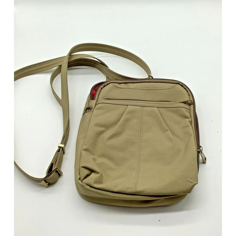Travelon Nylon Purse Crossbody Anti-Theft Bag Khaki Pocket Adjustable Secure